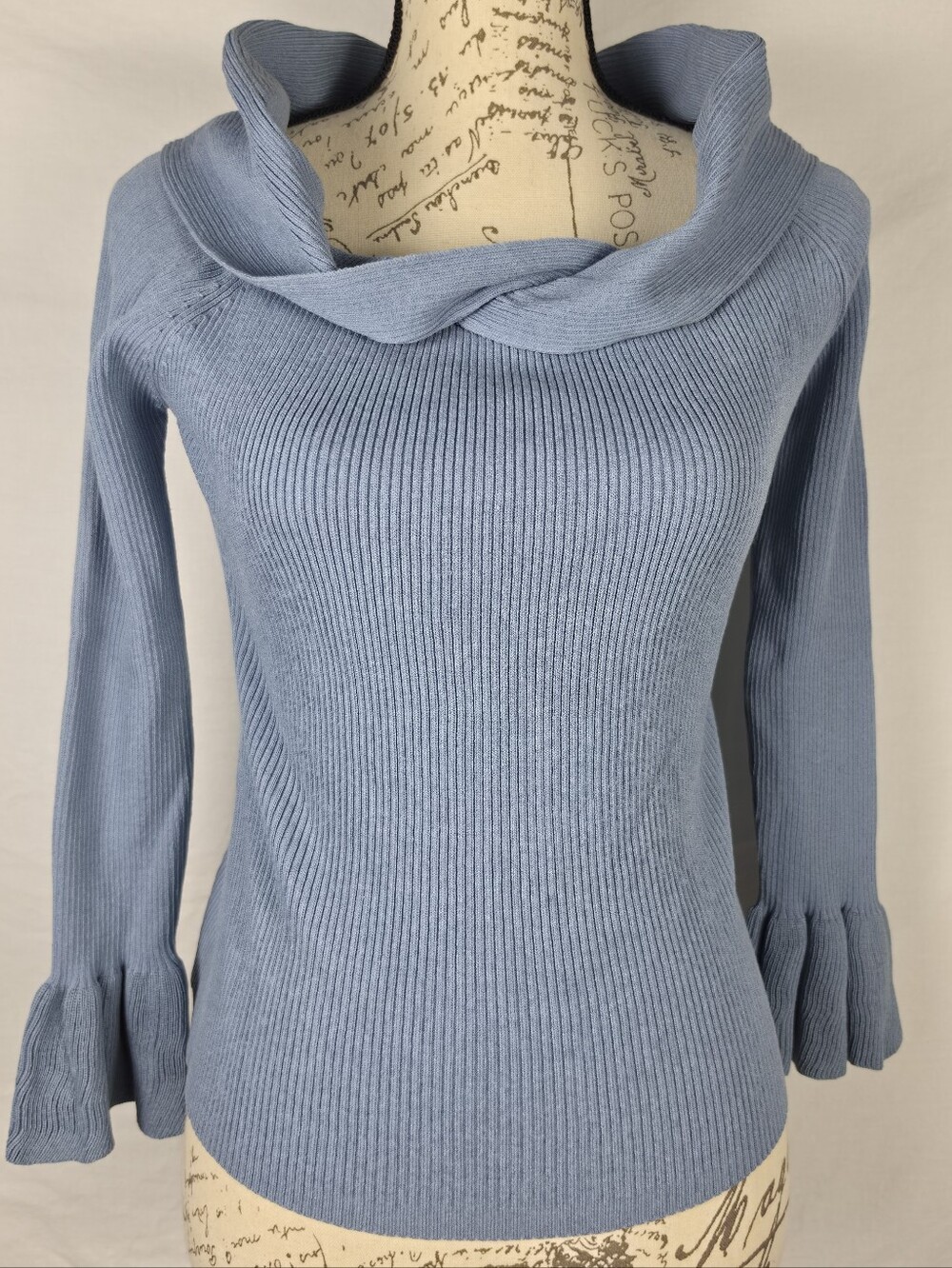 Endless Rose Ribbed Cowl Neck Sweater Blue Flounce Sleeve - Medium